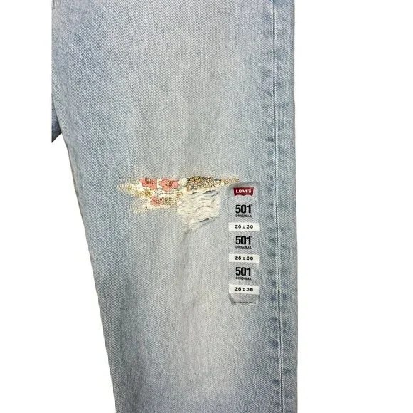 Levi's 501 150 Women's High Rise Fitted Straight Leg Distressed Jeans w/ Stain - Picture 3 of 11